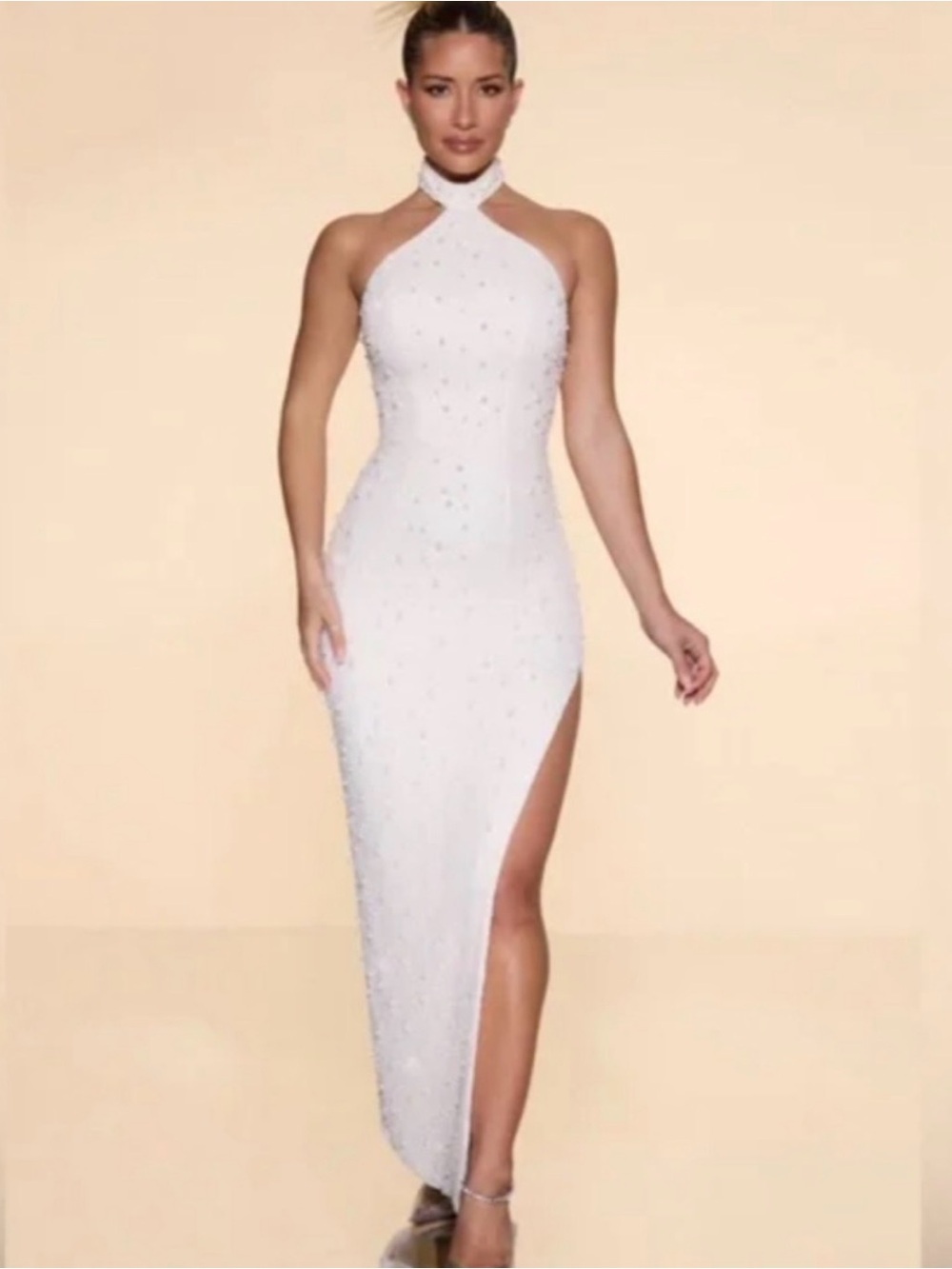 Oh Polly White Halter Embellished Maxi Dress with High Side Slit
